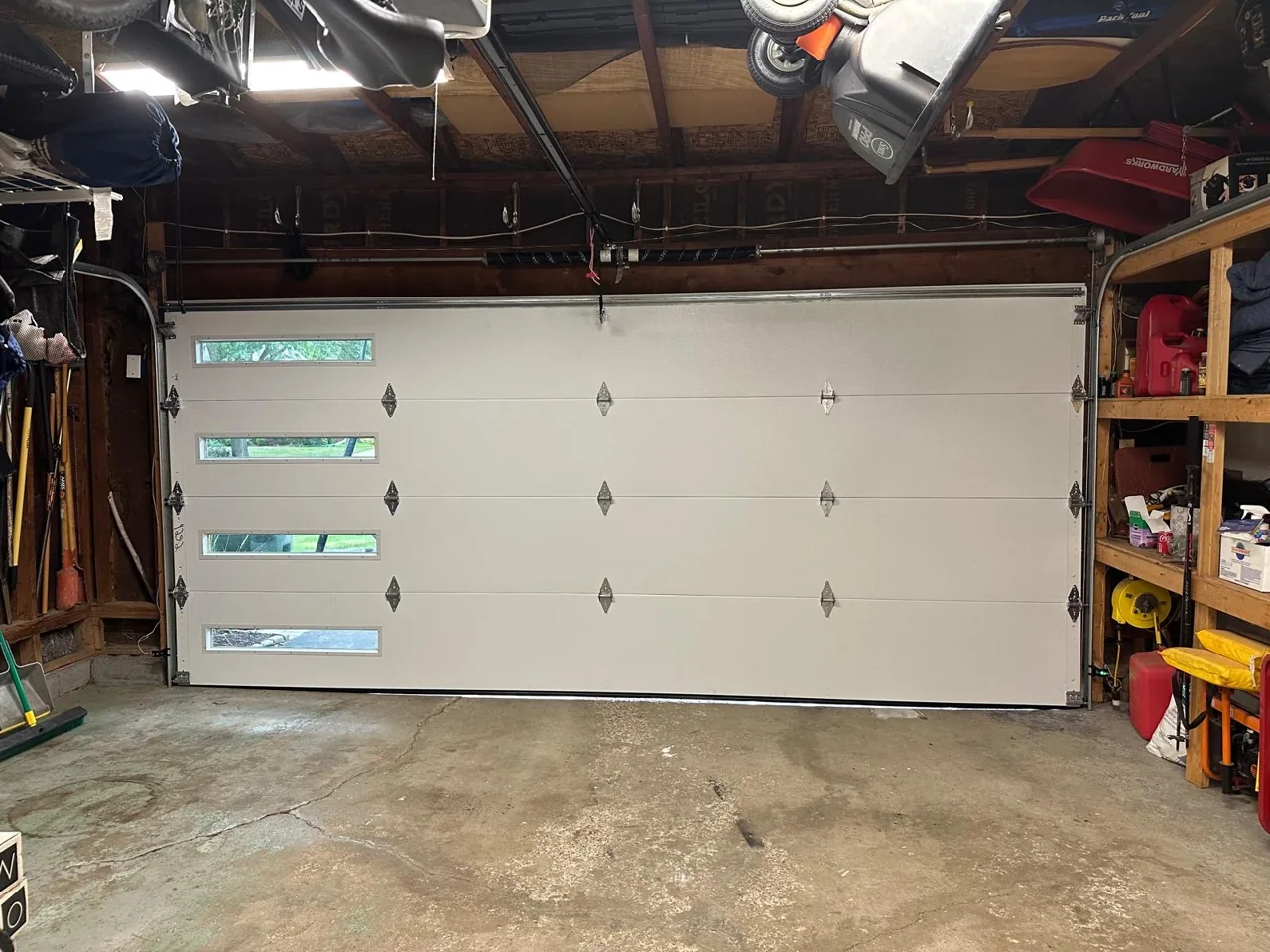 Interior of a sectional garage door with narrow windows